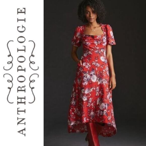 Anthropologie Maeve red floral puff sleeve maxi dress size 4 NWT - Picture 1 of 15